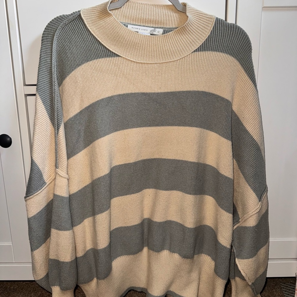 Altar'd State Gray and Cream Striped Sweater